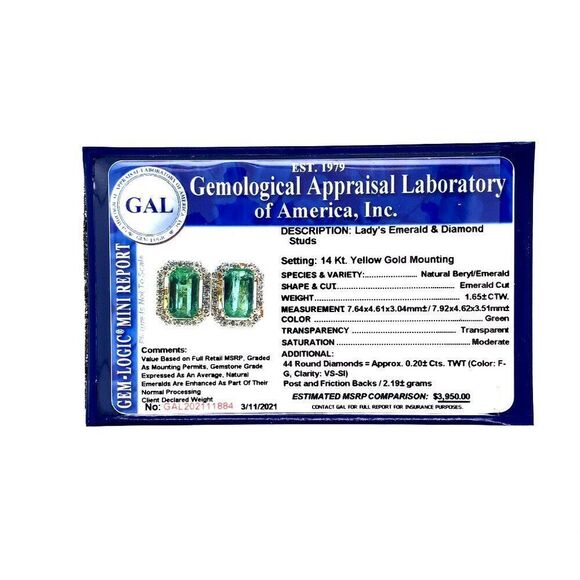 Natural Emerald Diamond Stud Earrings 14k Gold 1.85 TCW Certified $3,950 111884 - Picture 14 of 14